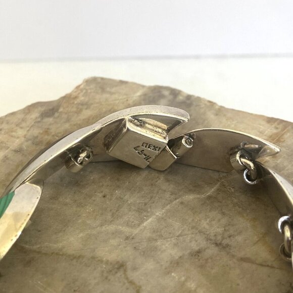 VTG 950 Silver Heavy Taxco Mexico Modernist Style Malachite Onyx Link Bracelet - Picture 16 of 16